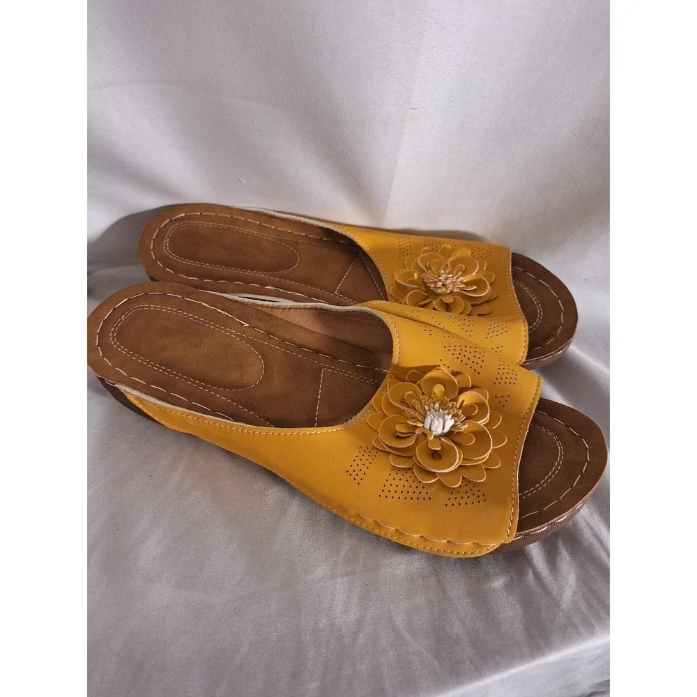 Yellow Floral Slide Sandals Women Low Wedge Perforated Open Toe Shoes Size 44